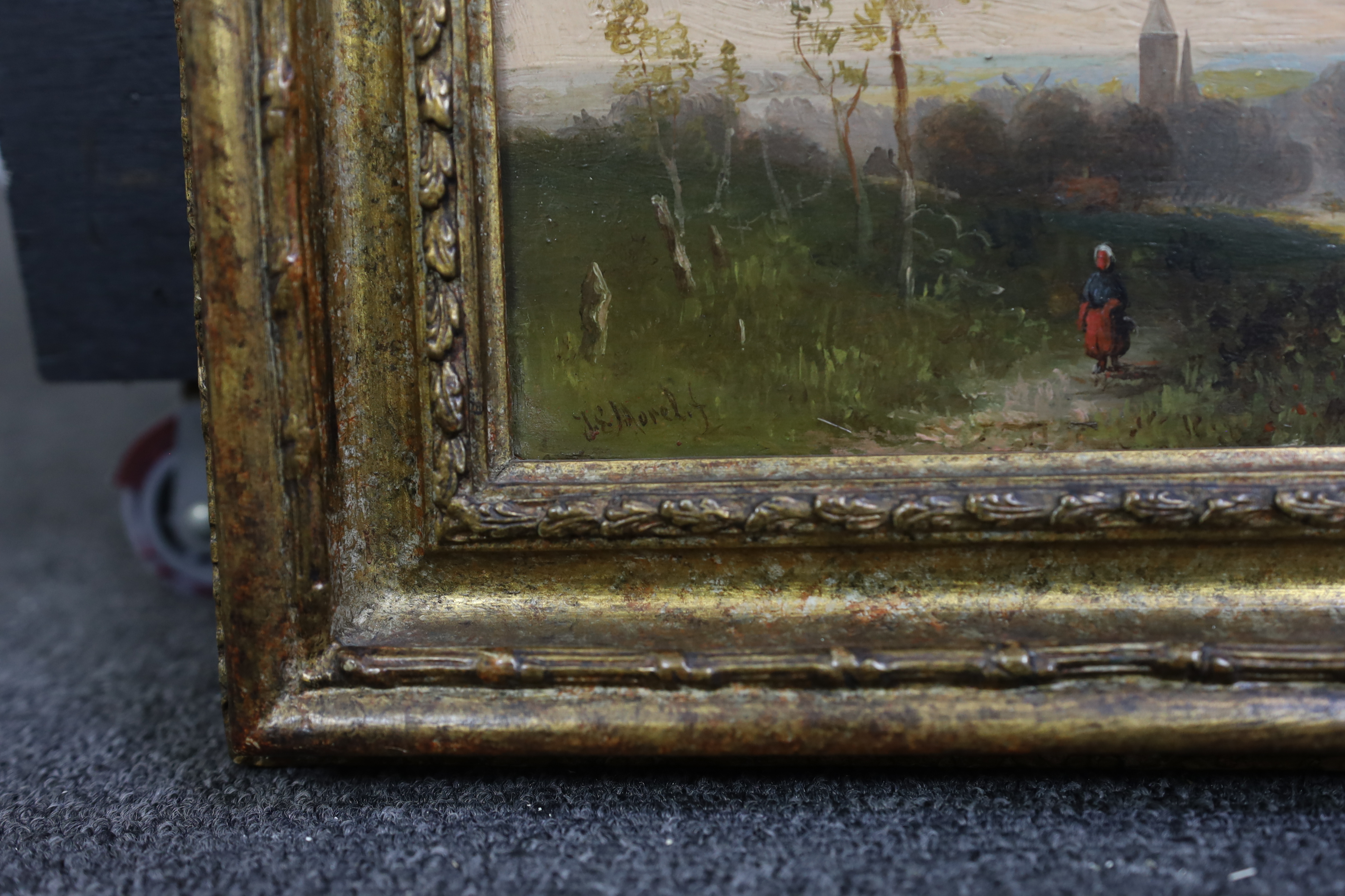 Jan Evert Morel II (Dutch, 1835-1905) oil on oak panel, figures in an open landscape, signed, 22 x 32cm